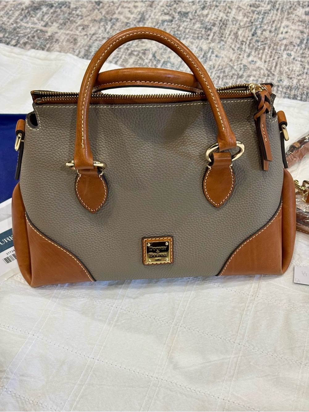 Dooney & Bourke Taupe Pebble with Florentine Leather Satchel with Gold Hardware - Picture 7 of 11